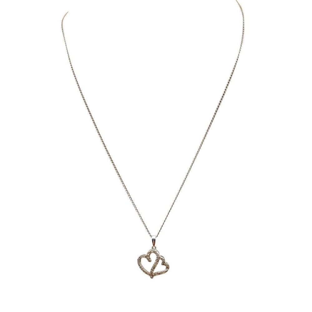 Vintage Sterling Silver 925 Double Heart Pendant Necklace with Diamond Accents